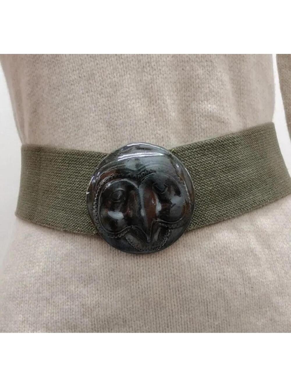 Vintage Ceramic Owl Belt Cinch Wide Belt Military Green Elastic Color Size S 26